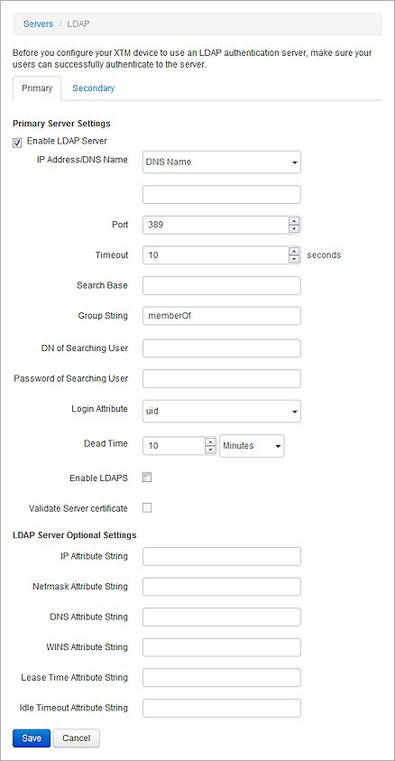 Screen shot of the Authentication Servers page, with the LDAP tab selected