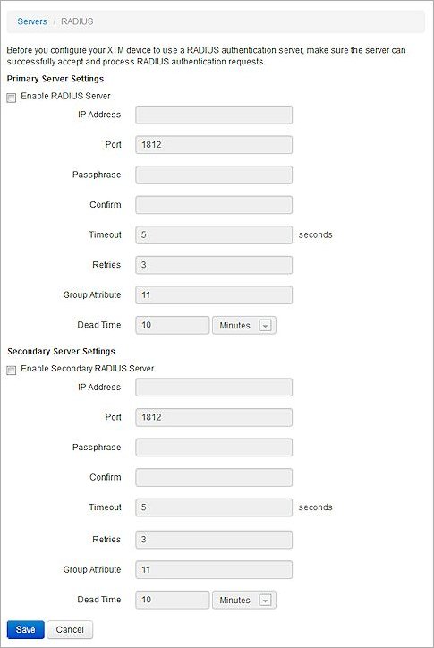 Screen shot of the RADIUS server settings