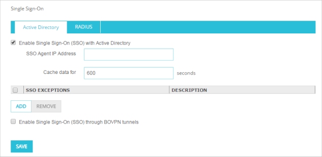 Screen shot of the Authentication Single Sign-On page with SSO enabled