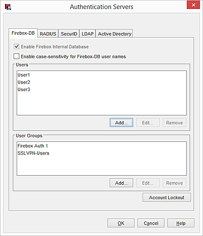 screenshot of the Authentication Servers dialog box, with the Firebox tab selected