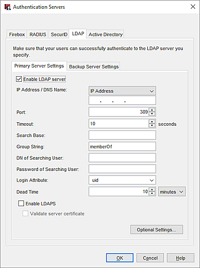 Screen shot of the Authentication Servers dialog box, with the LDAP tab selected