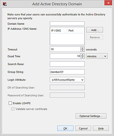 Screen shot of the Add Active Directory Domain dialog box