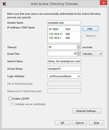 Screen shot of the Add Active Directory Domain dialog box, with Active Directory server IP addresses