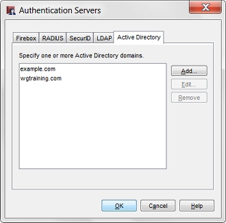 Screenshot of the Authentication Servers dialog box, Active Directory tab