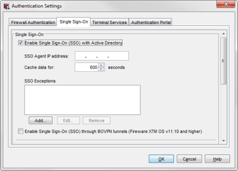 Screen shot of the Authentication Settings dialog box, SSO tab with SSO Enabled