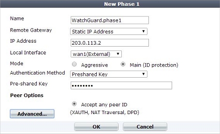 Screen shot of the New Phase 1 page with the settings to connect to the WatchGuard device