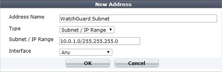 Screen shot of the New Address page with settings for the remote network