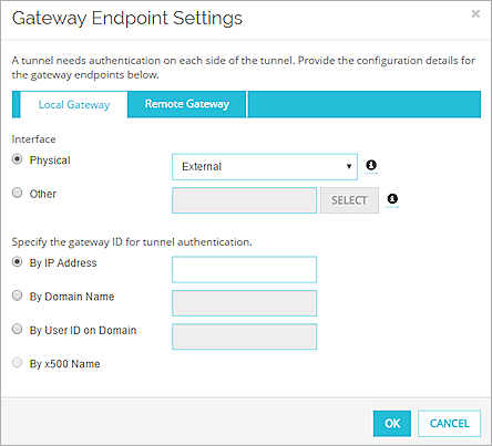 Screen shot of the Gateway Endpoint Settings dialog box, Local Gateway tab