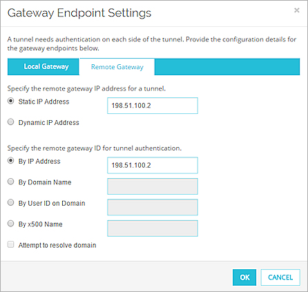Screen shot of the Gateway Endpoint Settings dialog box, Remote Gateway tab