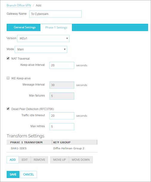 Screen shot of the Phase 1 Settings tab