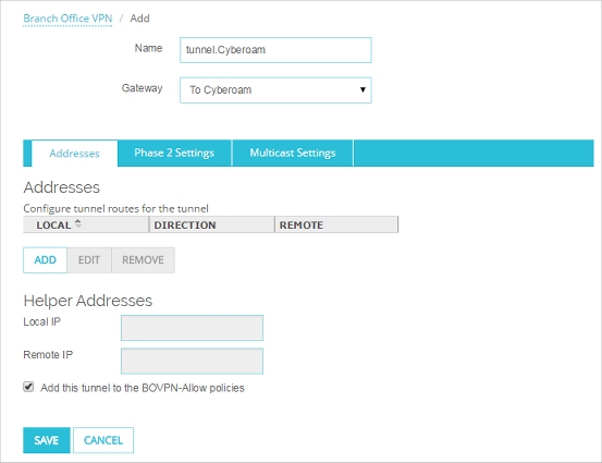 Screen shot of the Branch Office VPN add tunnel page