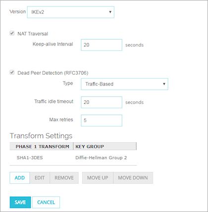 Screen shot of Phase 1 settings for IKEv2