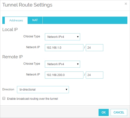 Screen shot of Tunnel Route Settings - Addresses tab