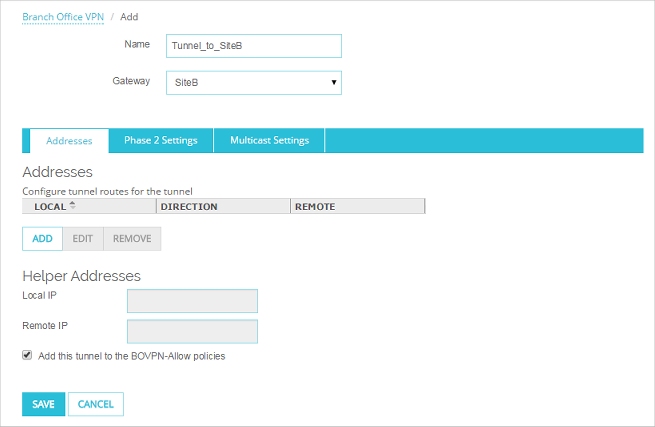 Screen shot of the Tunnel settings page