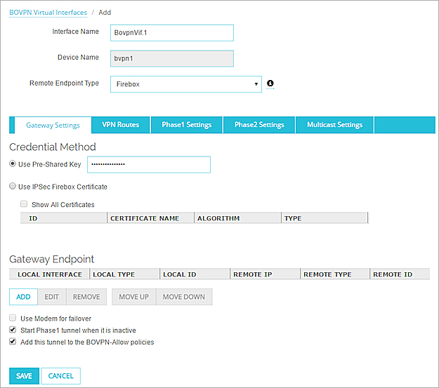 Screen shot of the BOVPN Virtual Interfaces / Add page