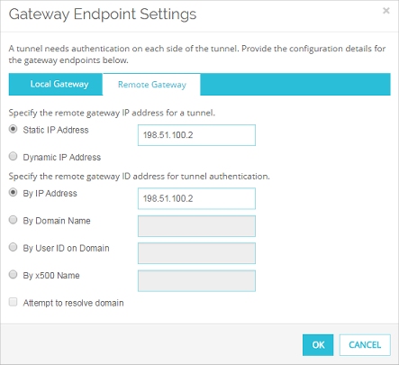 Screen shot of the Gateway Endpoint Settings dialog box, Remote Gateway tab