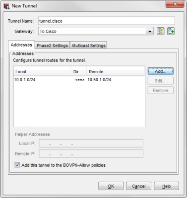 Screen shot of the New Tunnel dialog box with the tunnel route added
