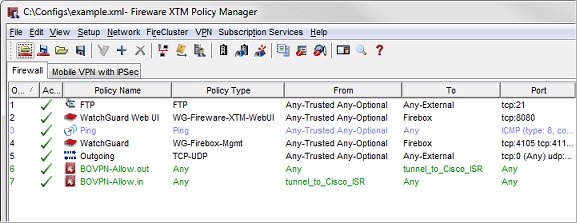 Screen shot of Policy Manager that shows the added BOVPN-Allow.out and BOVPN-Allow.in policies