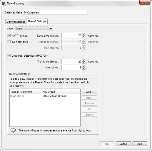Screen shot of the Phase1 Settings tab