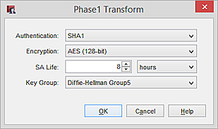Screen shot of the Phase1 Transform dialog box for SHA1 3DES Diffie-Hellman Group5