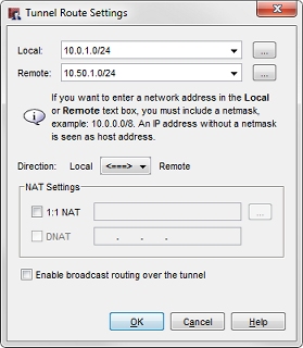 Screen shot of the Tunnel Route Settings dialog box with both networks specified