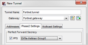 Screen shot of the New Tunnel dialog box with PFS set to Diffie-Hellman Group5