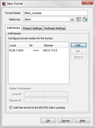 Screen shot of Edit Tunnel dialog box with settings for DNAT from the remote endpoint