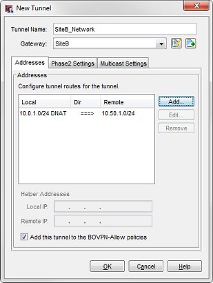 Screen shot of Edit Tunnel dialog box with settings for DNAT example for SiteB_Network tunnel