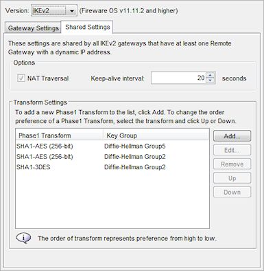 Screen shot of the IKEv2 settings, Shared Settings tab