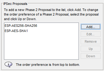 Screen shot of the IPSec Proposals section of the Phase 2 Settings tab with multiple proposals configured