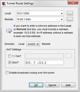 Screen shot of Tunnel Route Settings dialog box with settings for DNAT to public IP