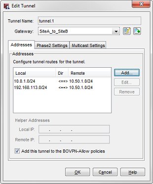 Screen shot of the Edit Tunnel dialog box with the new tunnel route added