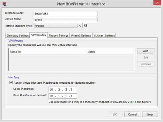 Screen shot of the New BOVPN Virtual Interface, VPN Routes tab