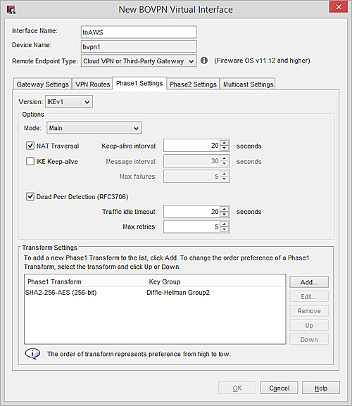 Screen shot of the Phase 1 settings for a BOVPN virtual interface