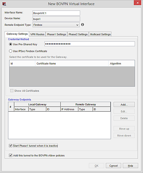 Screen shot of the New BOVPN Virtual Interface dialog box, Gateway Settings tab