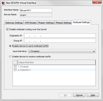 Screen shot of the New BOVPN Virtual Interface dialog box, Multicast Settings tab