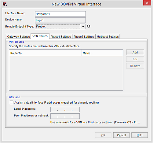 Screen shot of the New BOVPN Virtual Interface dialog box, VPN Routes tab
