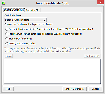 FSM import certificate dialog box