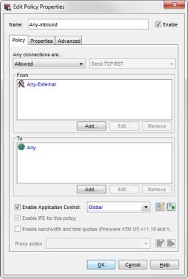 Screen Shot of the Edit Policy Properties dialog box for the Any-inbound policy