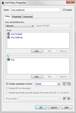 Screen shot of the Edit Policy Properties dialog box for the Any-outbound policy