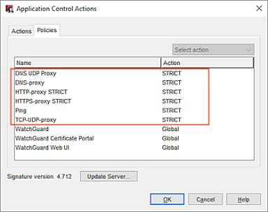 Screen shot of the Application Control actions dialog box, Policies tab