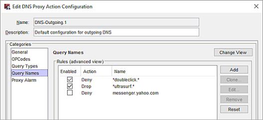 Screen shot of the Query Names category in the DNS-Outgoing.1 proxy action