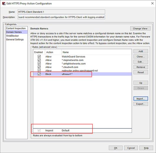 Screen shot of the HTTPS Proxy Action, Domain Names settings