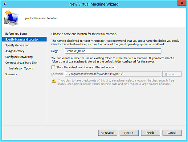 Screen shot of the New Virtual Machine Wizard, Specify Name and Location