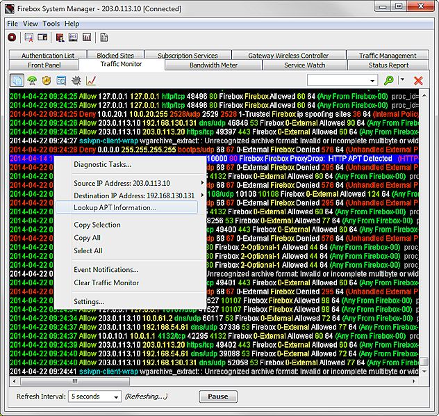 Screen shot of the Traffic Monitor > Lookup APT Information option