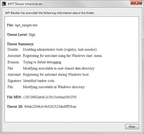 Screen shot of the APT Threat Information dialog box