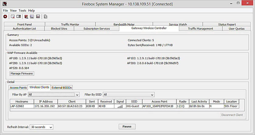Screen shot of the Gateway Wireless Controller page, Wireless Clients tab