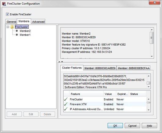 Screen shot of the FireCluster Configuration dialog box — Members tab 