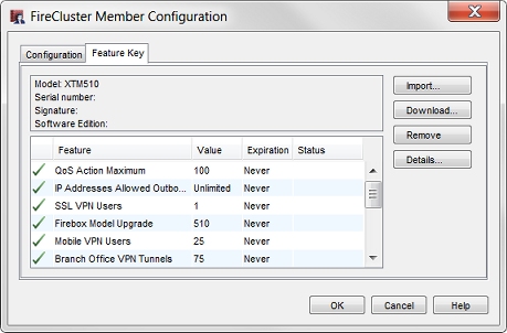 Screenshot of the FireCluster Member Configuration dialog box, Feature Key tab 