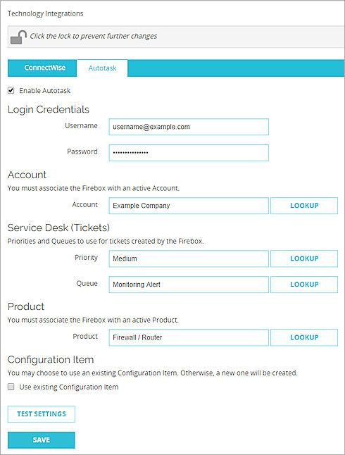 Screen shot of the Autotask configuration page on the Firebox